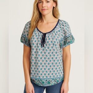 Hester & Orchard Womens Boho Peasant Blue Floral Paisley Top Blouse, Size Large